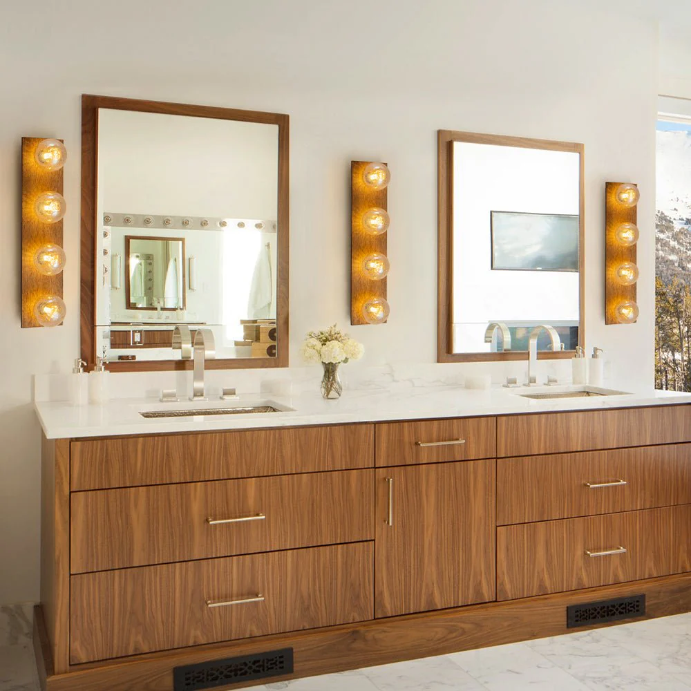 Amber Textured Glass Linear Wooden Semi Flush Mount / Wall Light - Image 2