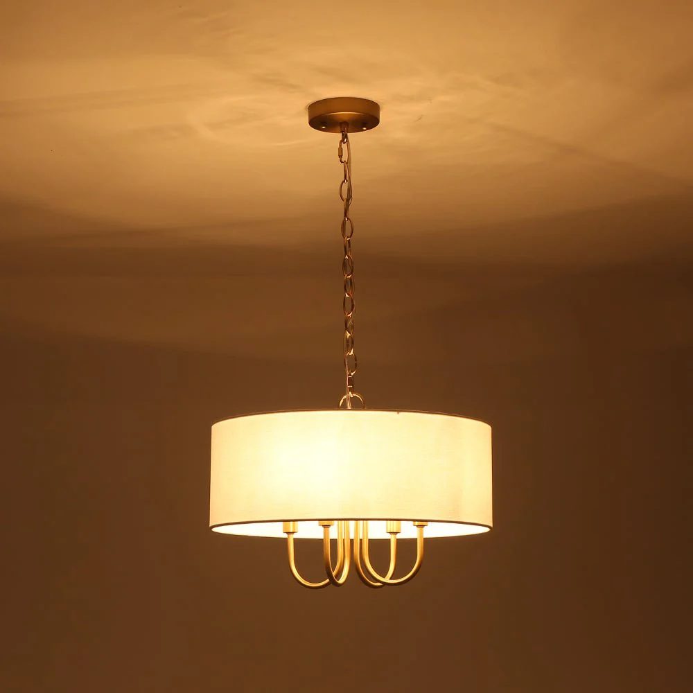 4-Light Brass Candle Style White Fabric Drum Cage Chandelier - Image 12
