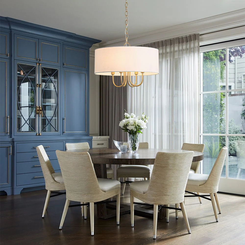 4-Light Brass Candle Style White Fabric Drum Cage Chandelier - Image 2