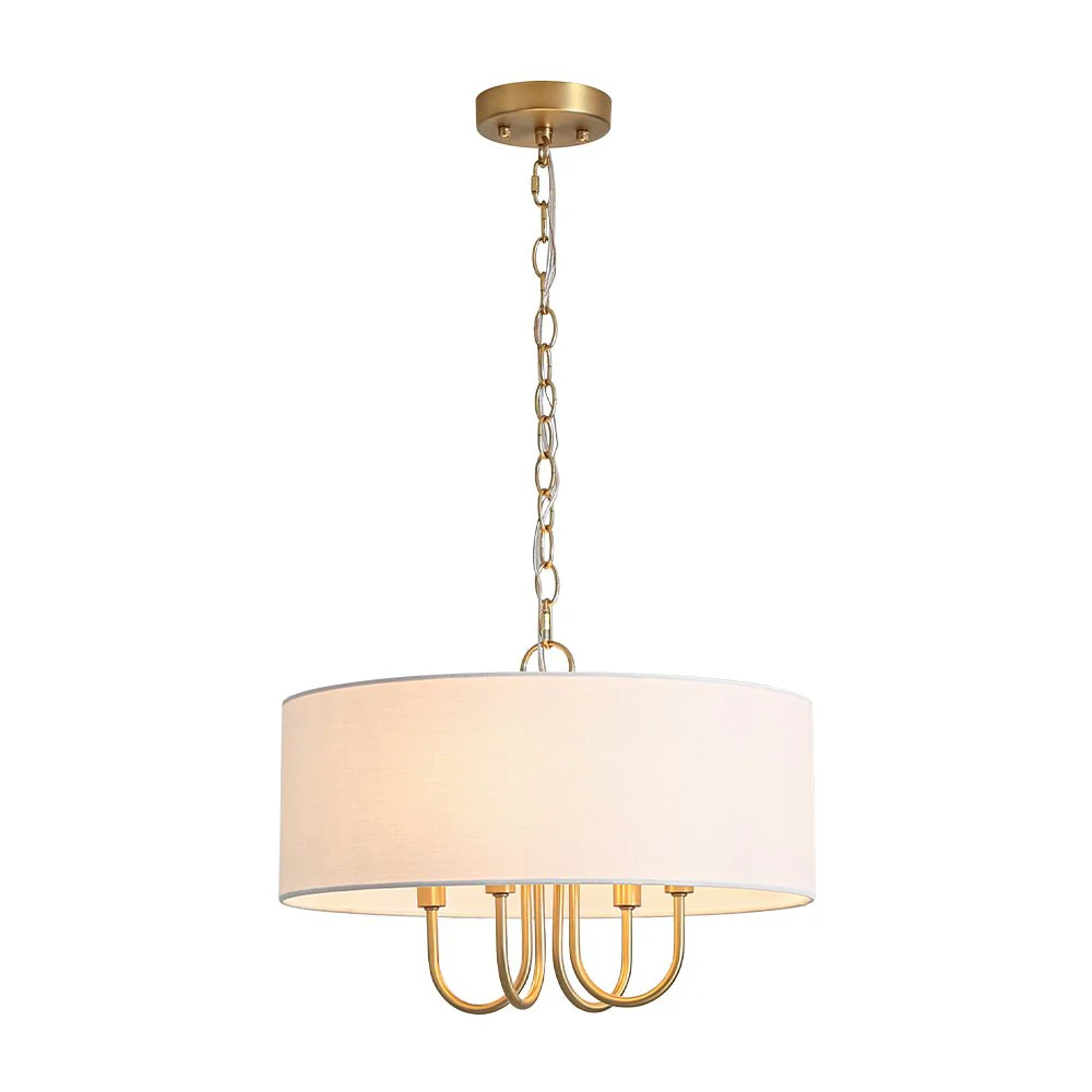 4-Light Brass Candle Style White Fabric Drum Cage Chandelier - Image 3