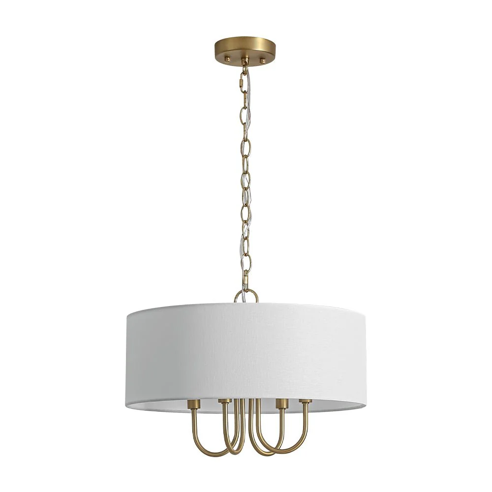 4-Light Brass Candle Style White Fabric Drum Cage Chandelier - Image 4