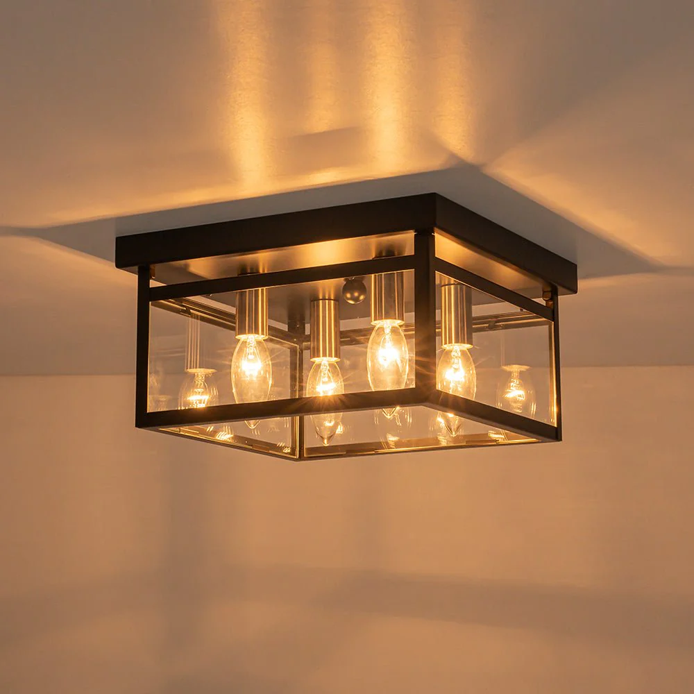 4-Light Clear Glass Black Square Cage Flush Mount Ceiling Light - Image 4
