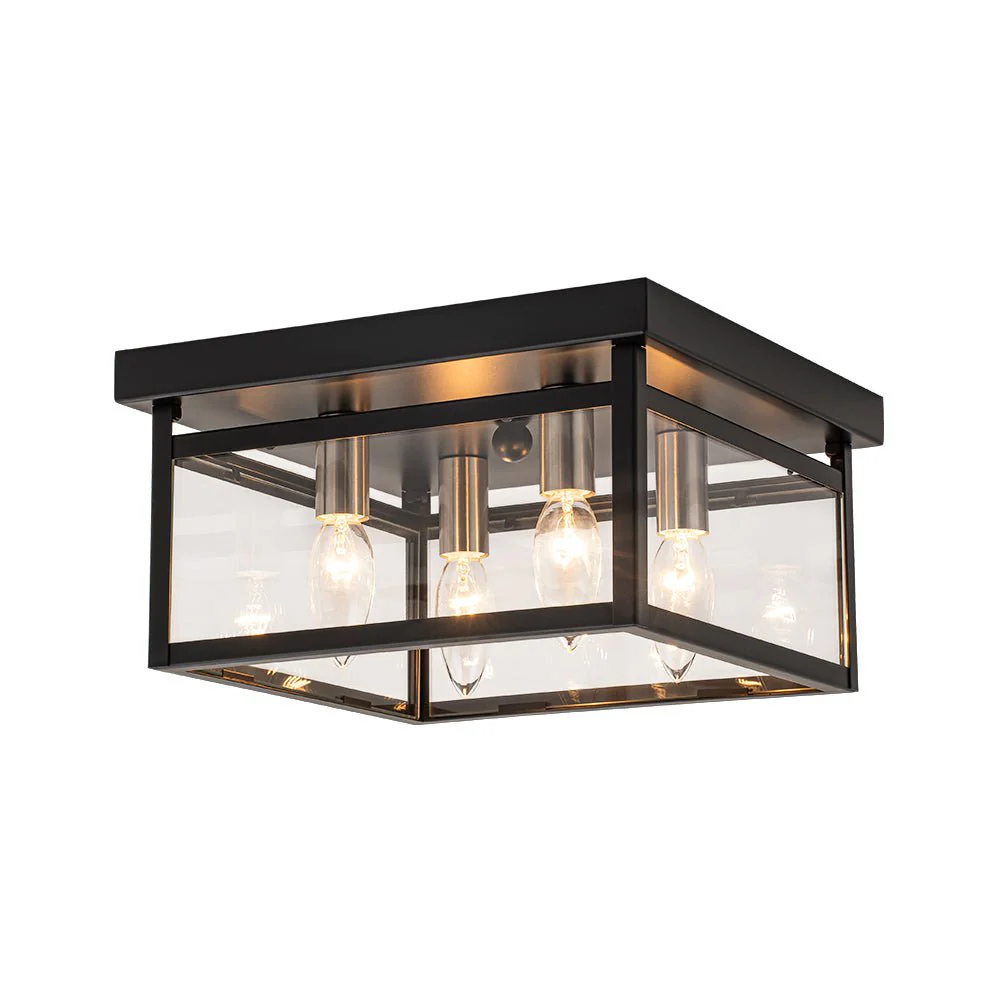 4-Light Clear Glass Black Square Cage Flush Mount Ceiling Light - Image 9