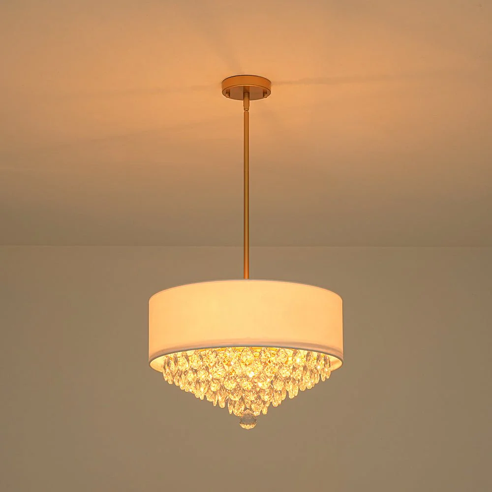 4-Light Crystal Accented White Fabric Drum Cage Chandelier - Image 11