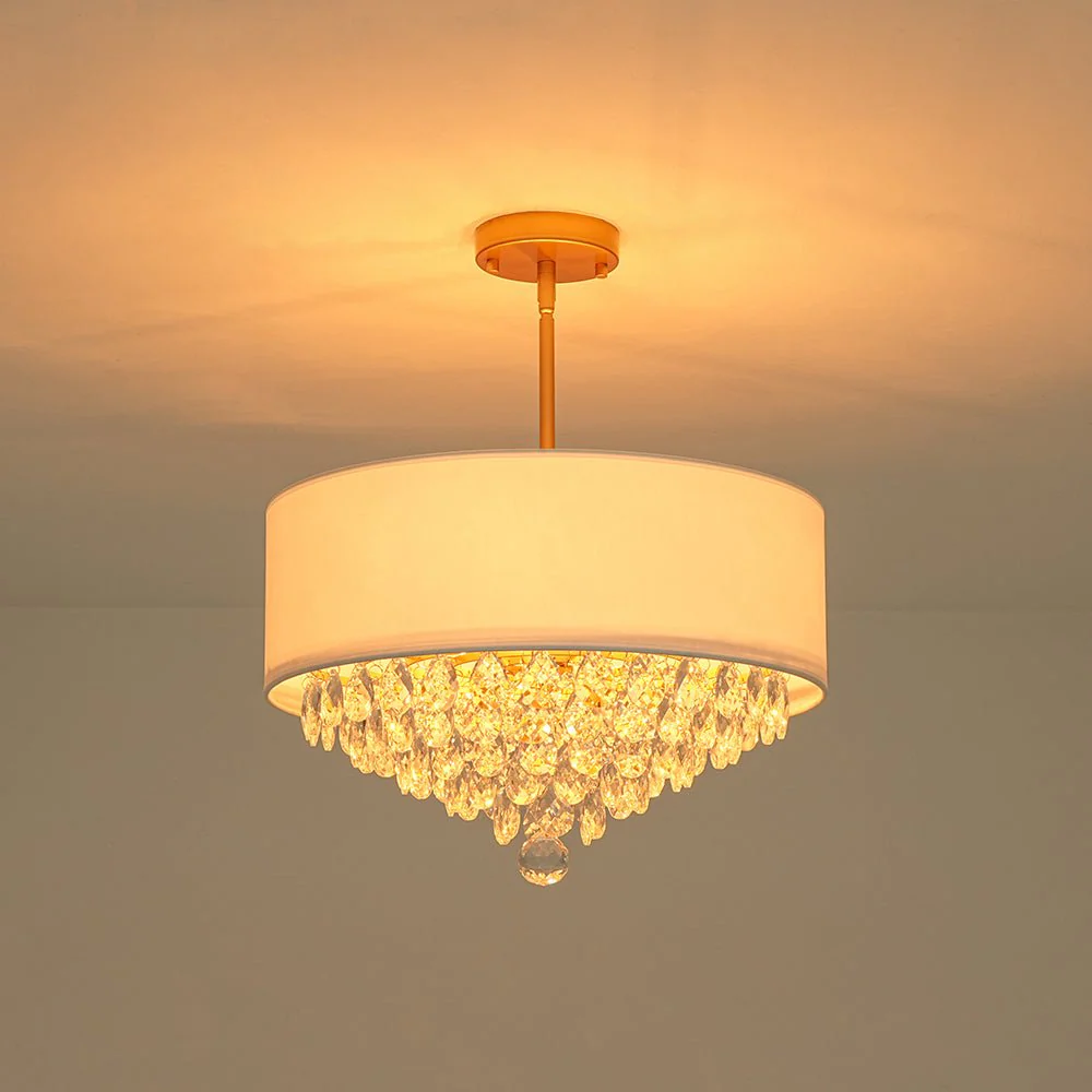 4-Light Crystal Accented White Fabric Drum Cage Chandelier - Image 8