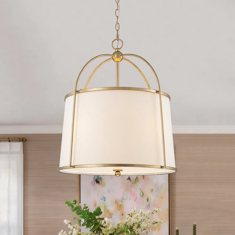 4-Light Distressed Gold White Linen Drum Lantern Pendant