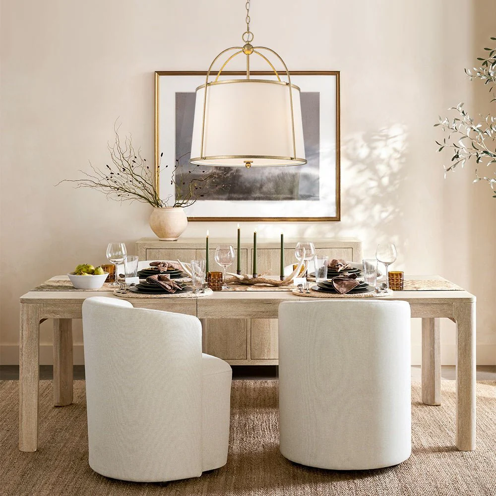 4-Light Distressed Gold White Linen Drum Lantern Pendant - Image 2