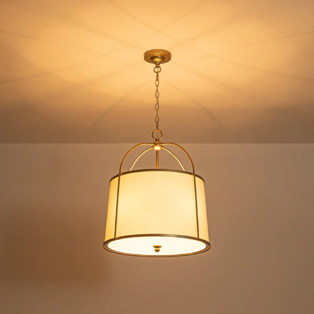 4-Light Distressed Gold White Linen Drum Lantern Pendant - Image 4