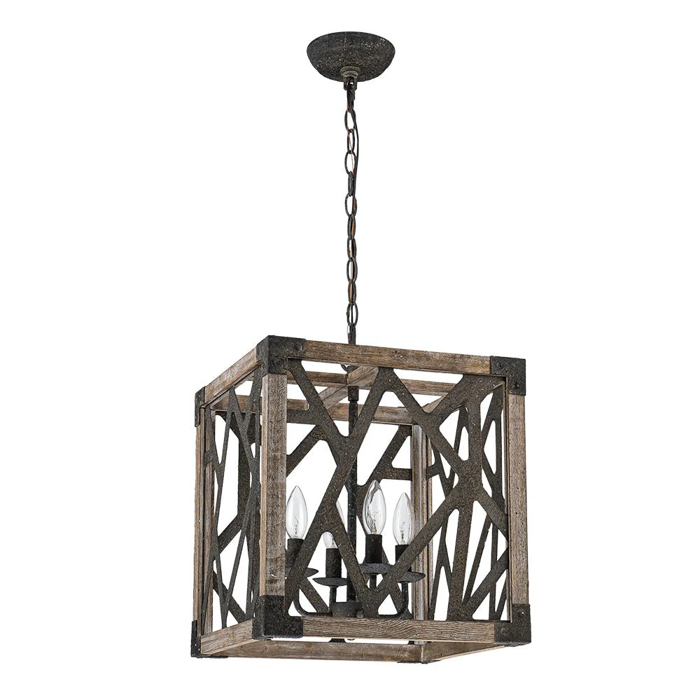 4-Light Distressed Wooden Square Cage Pendant Light - Image 10