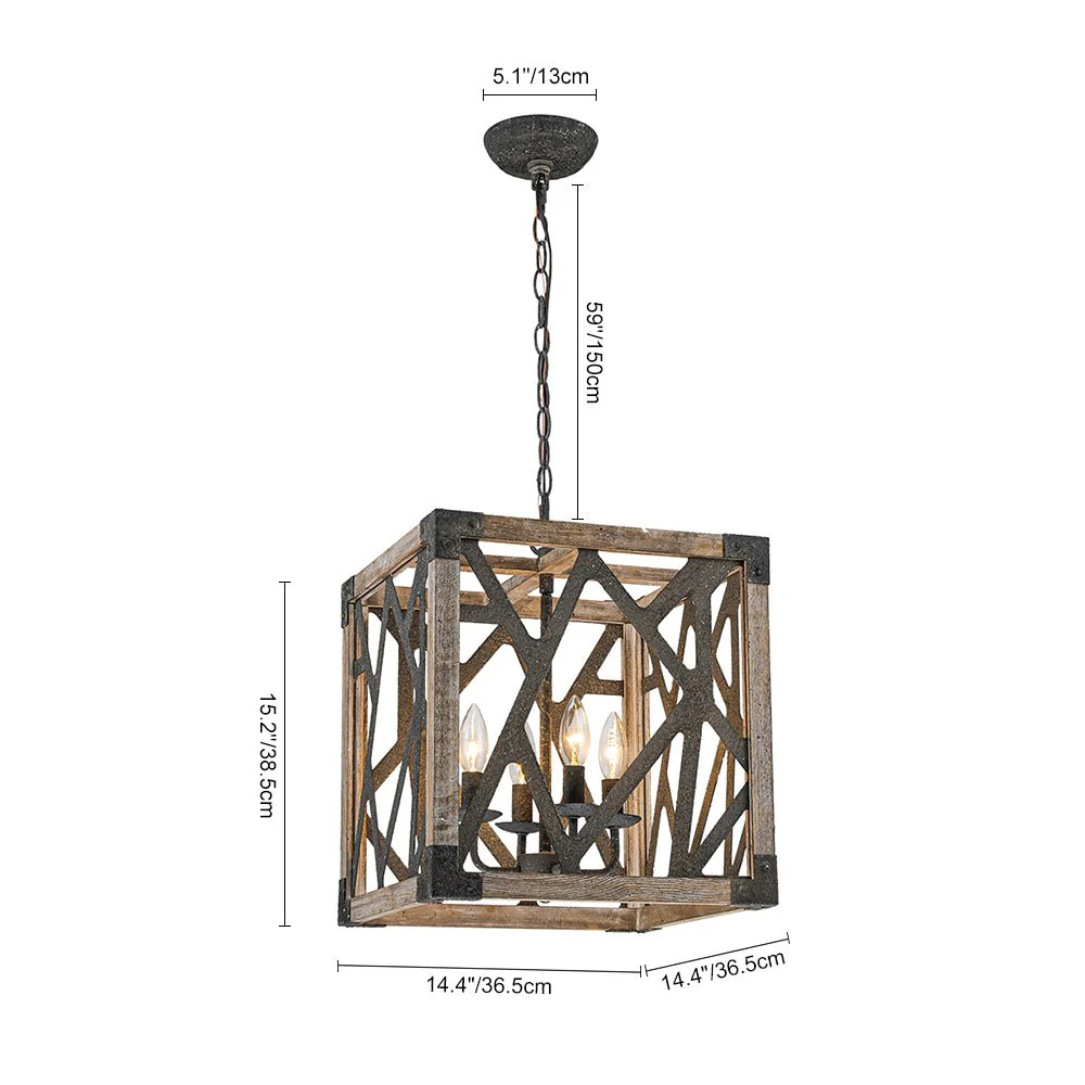 4-Light Distressed Wooden Square Cage Pendant Light - Image 11
