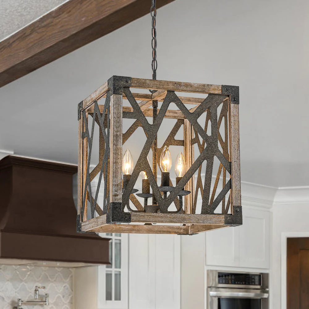 4-Light Distressed Wooden Square Cage Pendant Light - Image 2