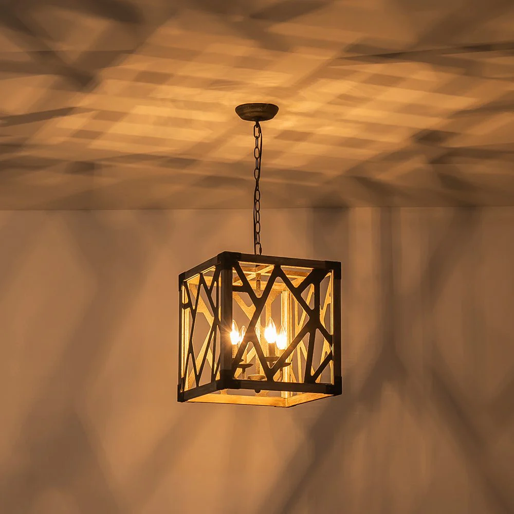 4-Light Distressed Wooden Square Cage Pendant Light - Image 3