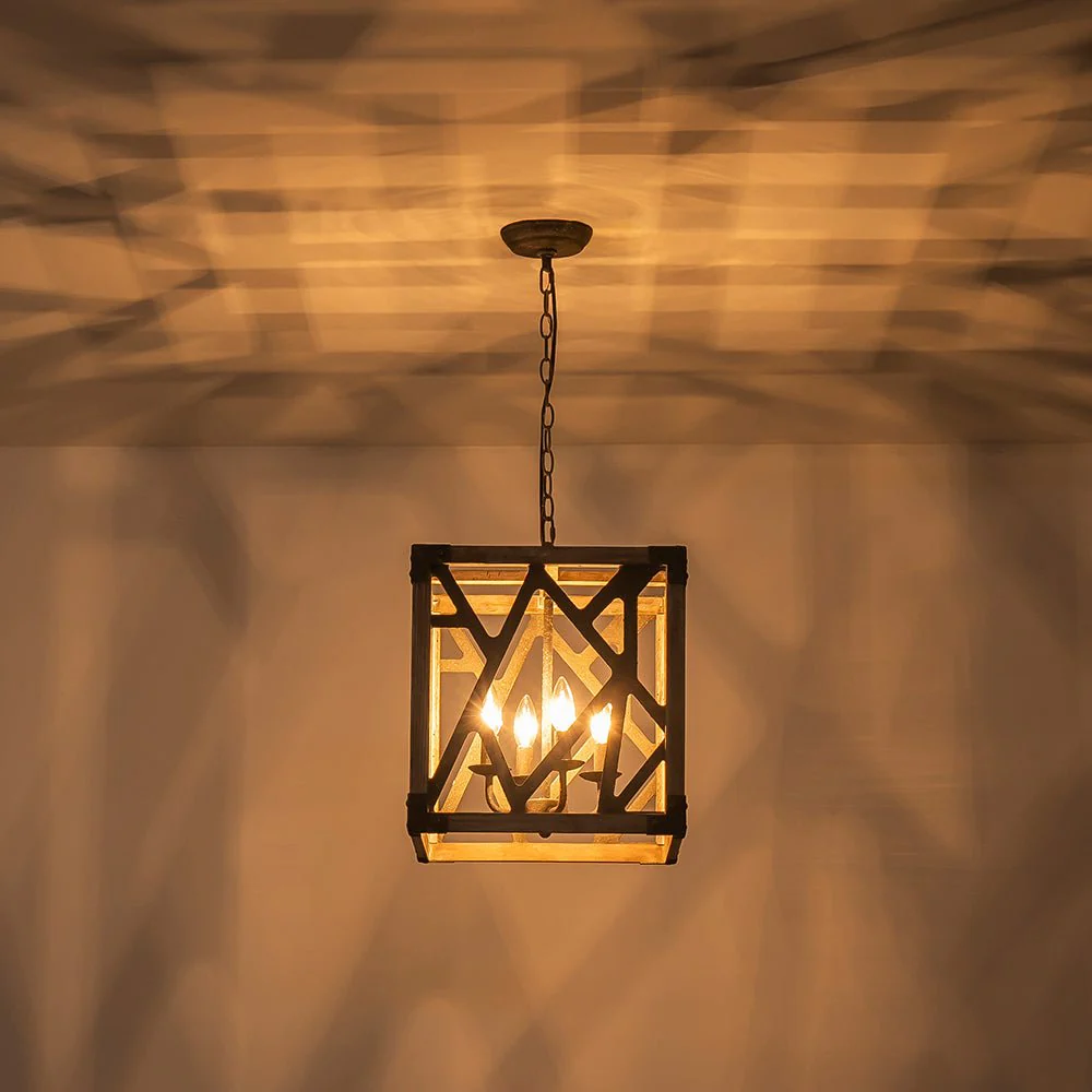 4-Light Distressed Wooden Square Cage Pendant Light - Image 4