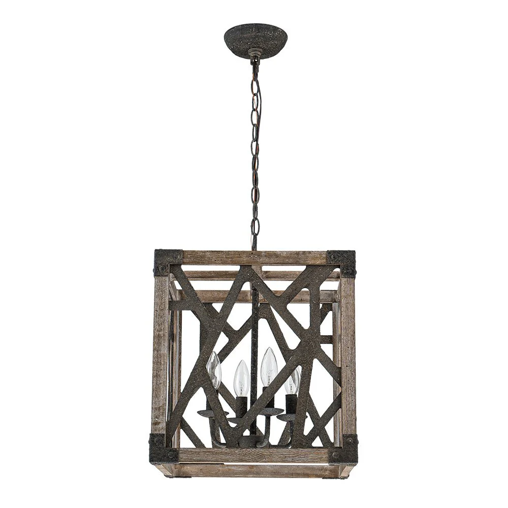 4-Light Distressed Wooden Square Cage Pendant Light - Image 5