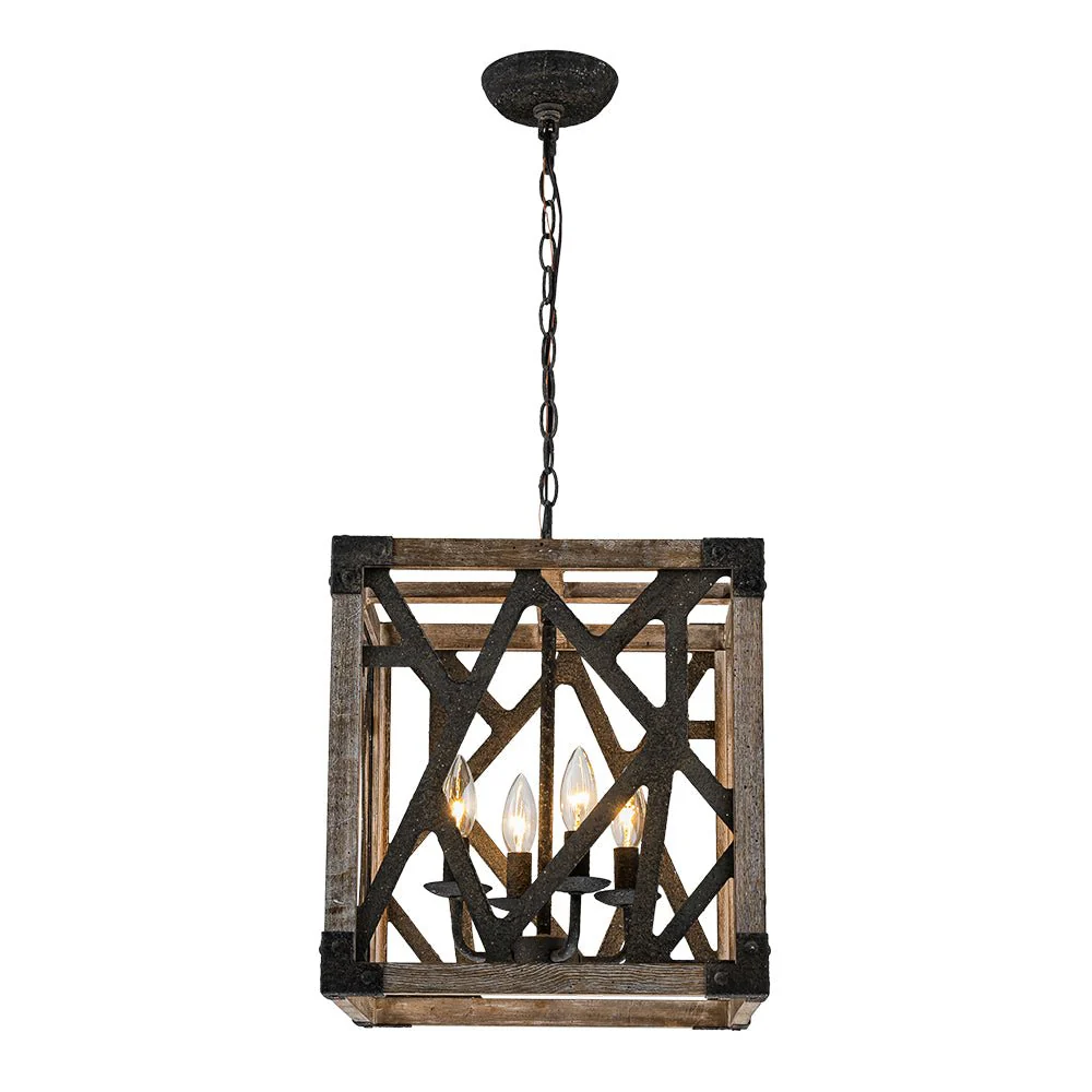 4-Light Distressed Wooden Square Cage Pendant Light - Image 6