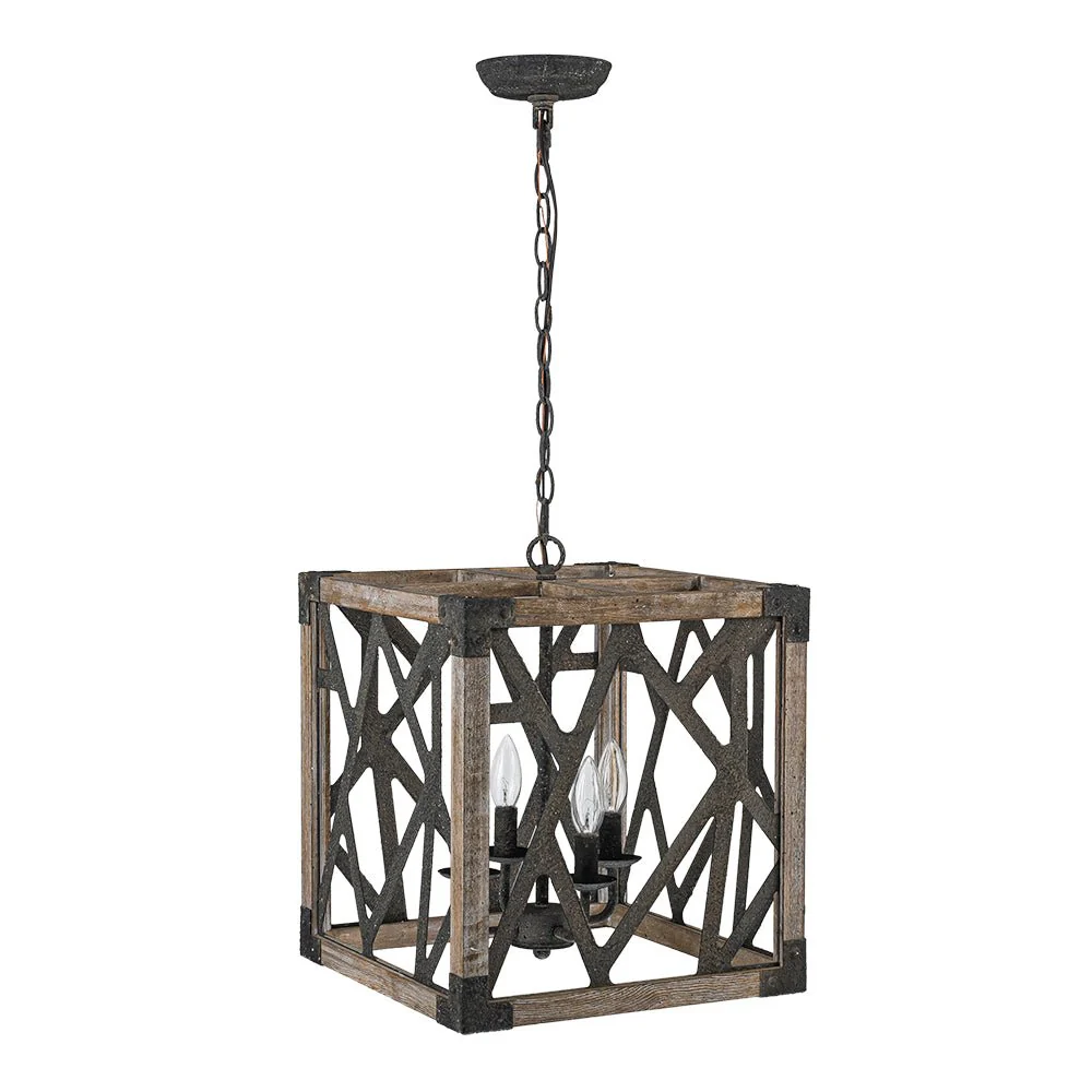 4-Light Distressed Wooden Square Cage Pendant Light - Image 7