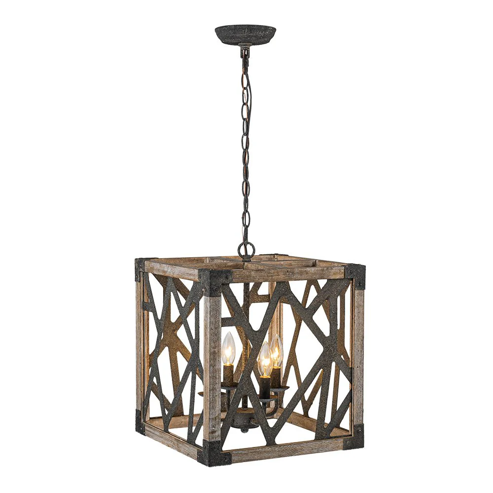 4-Light Distressed Wooden Square Cage Pendant Light - Image 8