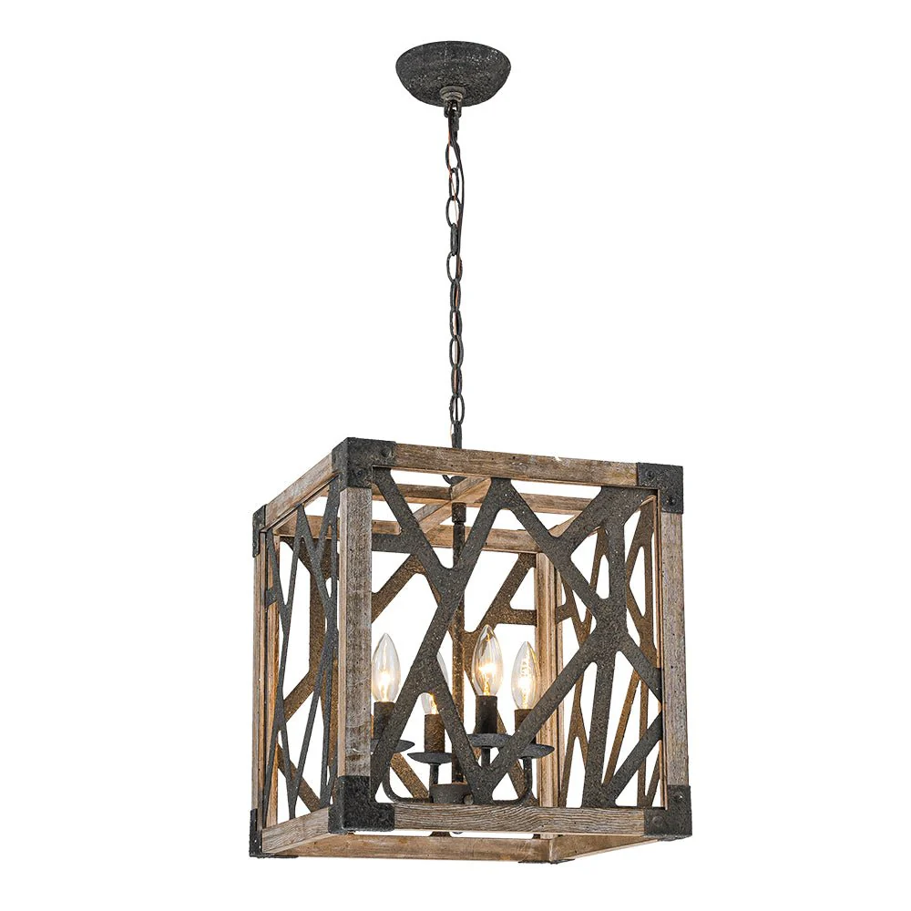 4-Light Distressed Wooden Square Cage Pendant Light - Image 9