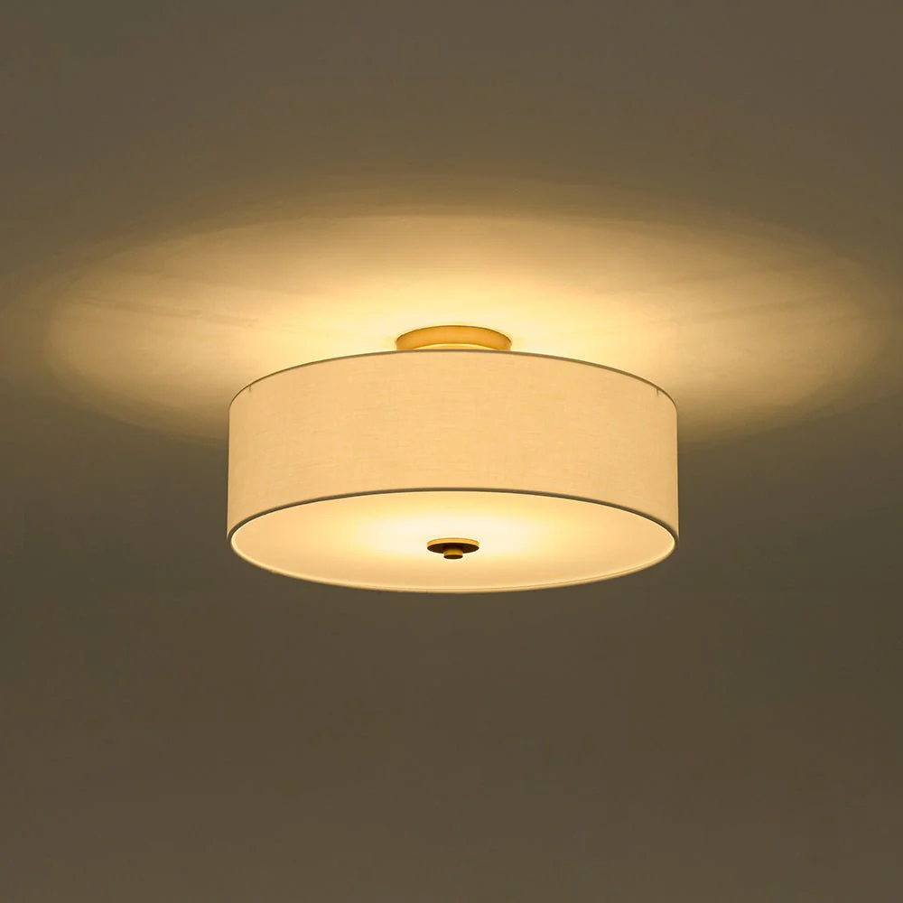 4-Light White Linen Round Drum Brass Semi Flush Mount - Image 10