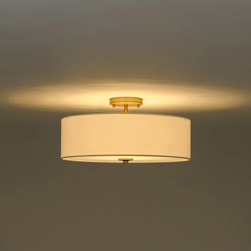 4-Light White Linen Round Drum Brass Semi Flush Mount - Image 11