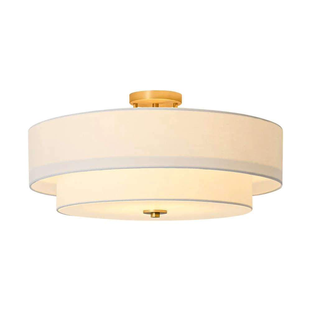 4-Light White Linen Round Drum Brass Semi Flush Mount - Image 16