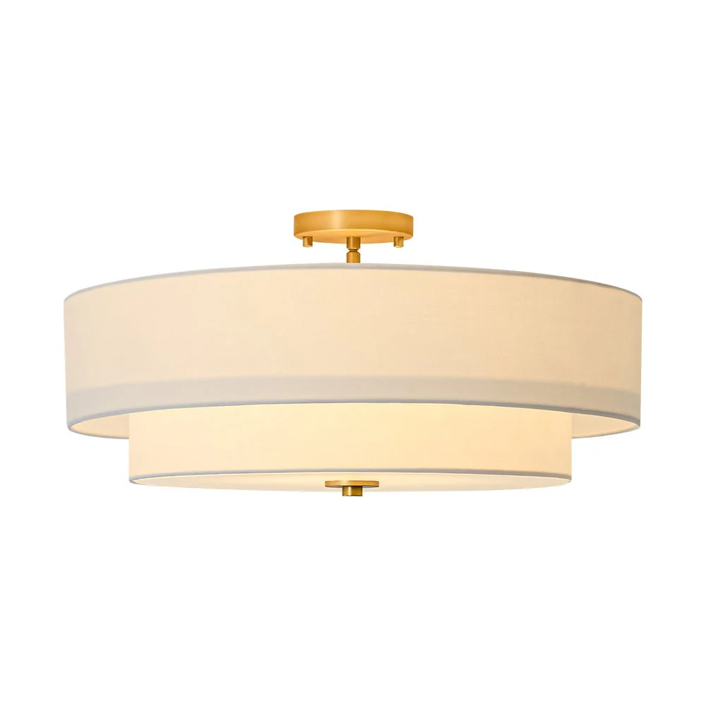 4-Light White Linen Round Drum Brass Semi Flush Mount - Image 17