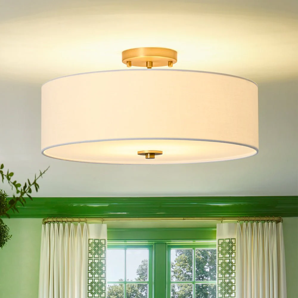 4-Light White Linen Round Drum Brass Semi Flush Mount - Image 3