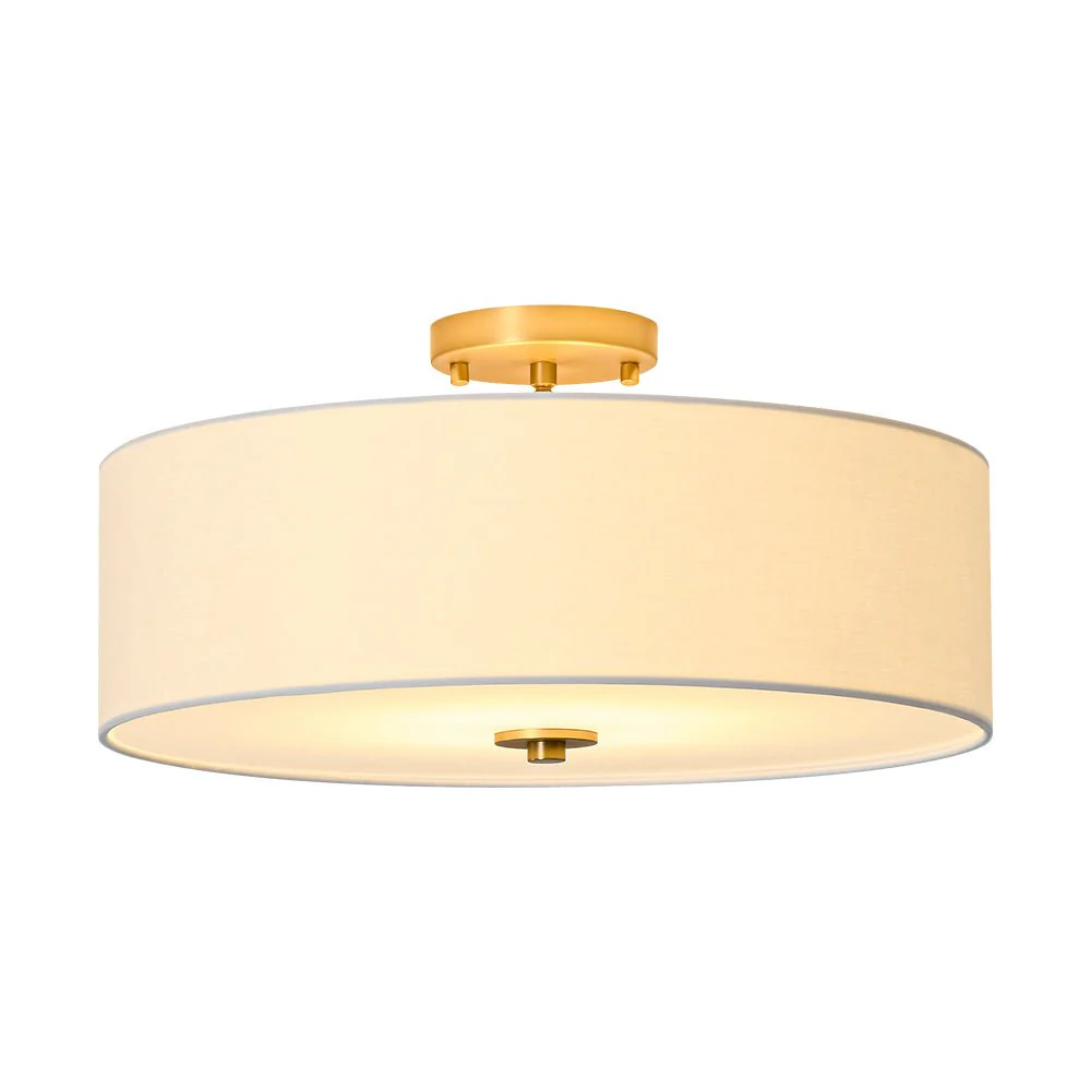 4-Light White Linen Round Drum Brass Semi Flush Mount - Image 5