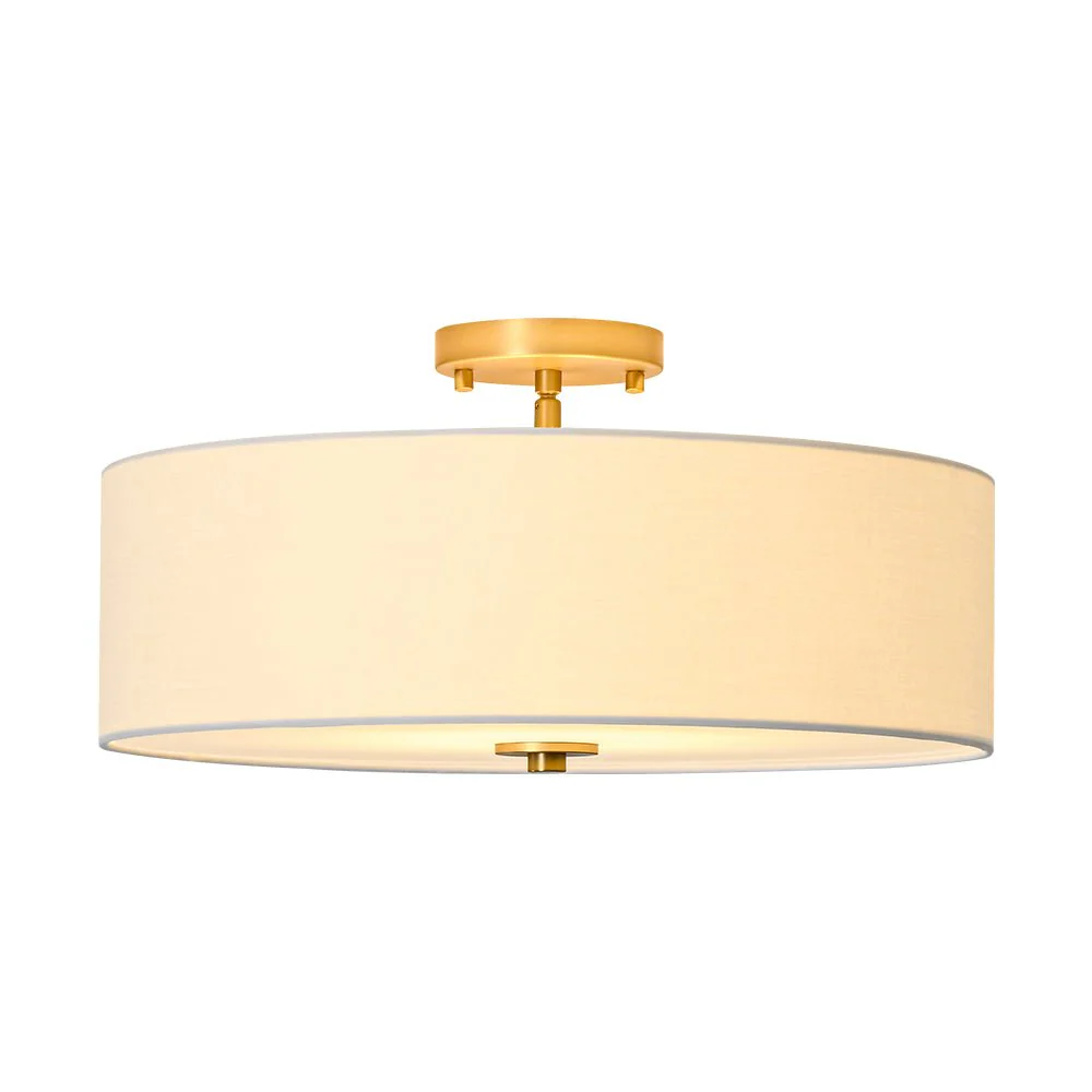 4-Light White Linen Round Drum Brass Semi Flush Mount - Image 8
