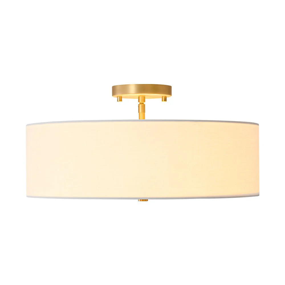 4-Light White Linen Round Drum Brass Semi Flush Mount - Image 9