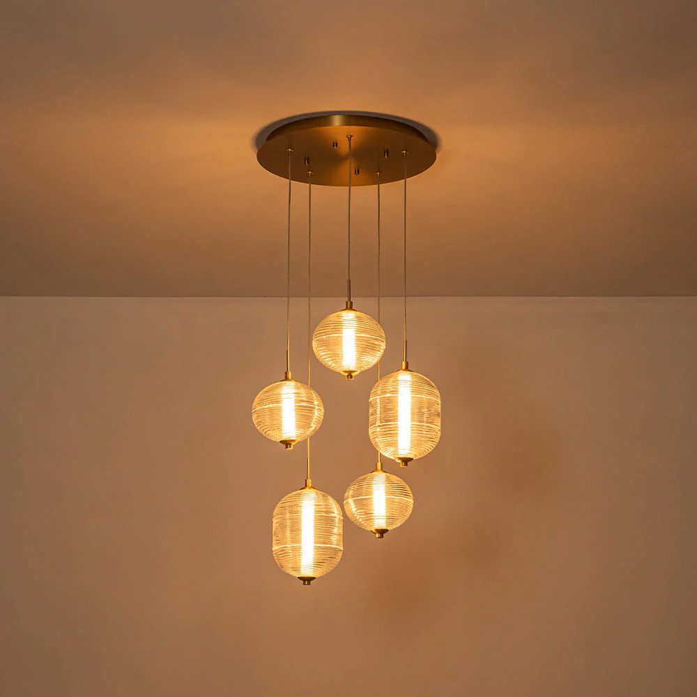 5-Light Cluster Ribbed Glass LED Round Entryway Chandelier - Image 4