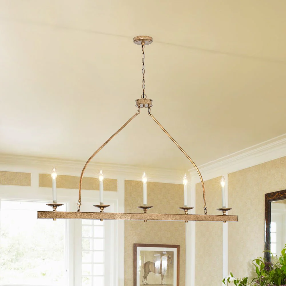 5-Light French Distressed Gold Candle Linear Island Chandelier