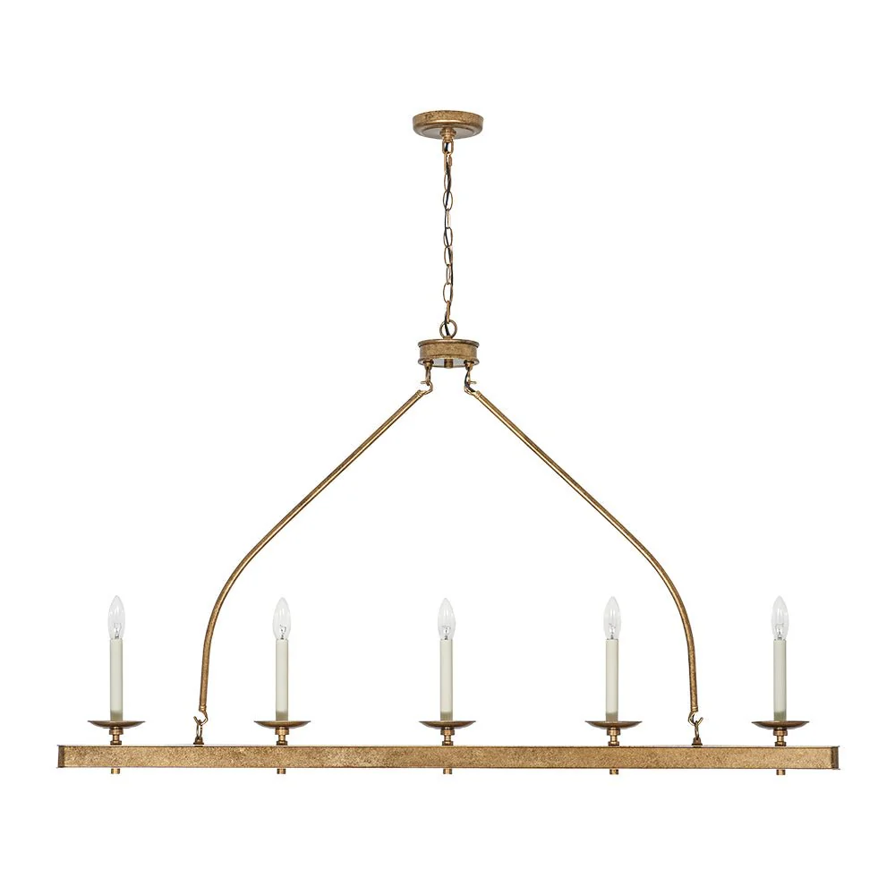 5-Light French Distressed Gold Candle Linear Island Chandelier - Image 4