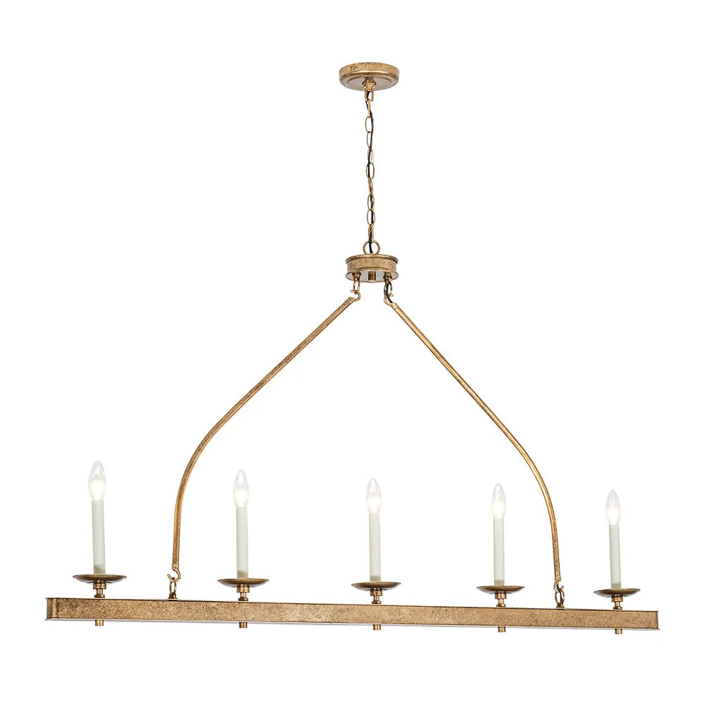 5-Light French Distressed Gold Candle Linear Island Chandelier - Image 5