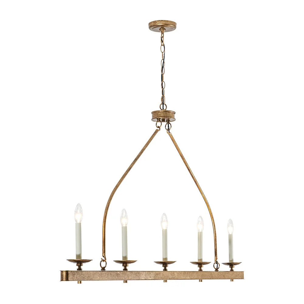 5-Light French Distressed Gold Candle Linear Island Chandelier - Image 6
