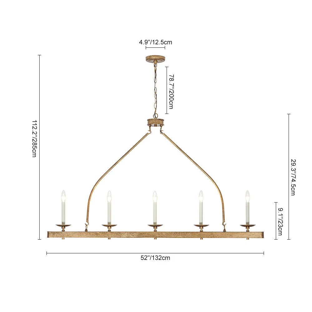 5-Light French Distressed Gold Candle Linear Island Chandelier - Image 7