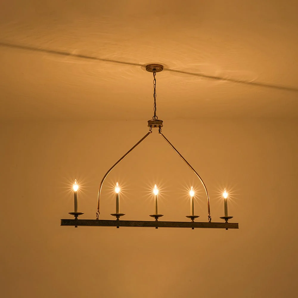 5-Light French Distressed Gold Candle Linear Island Chandelier - Image 8