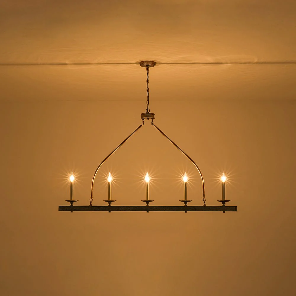 5-Light French Distressed Gold Candle Linear Island Chandelier - Image 9