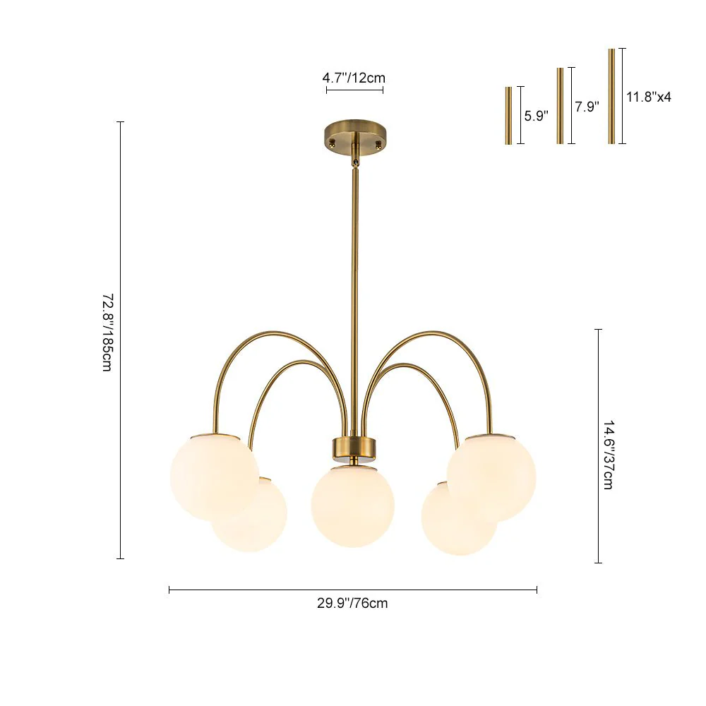 5-Light Goose Arm Opal Glass Globe Round Sputnik Chandelier - Image 5