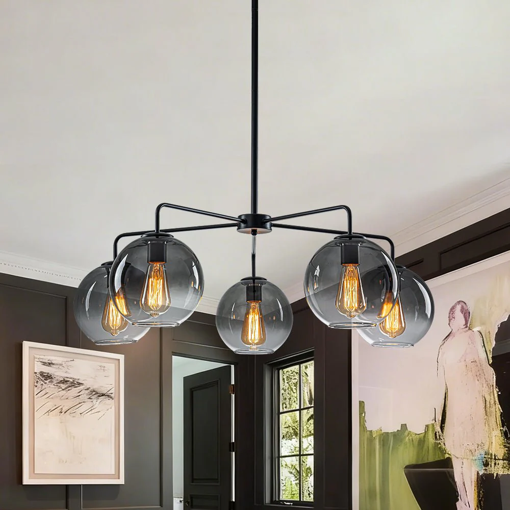 5-Light Smoked Grey Tinted Glass Globe Round Sputnik Chandelier
