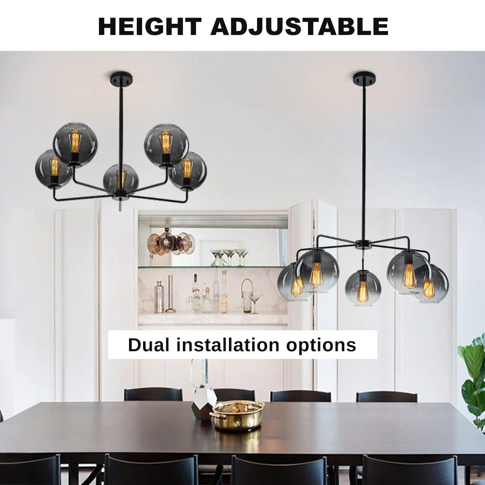 5-Light Smoked Grey Tinted Glass Globe Round Sputnik Chandelier - Image 3