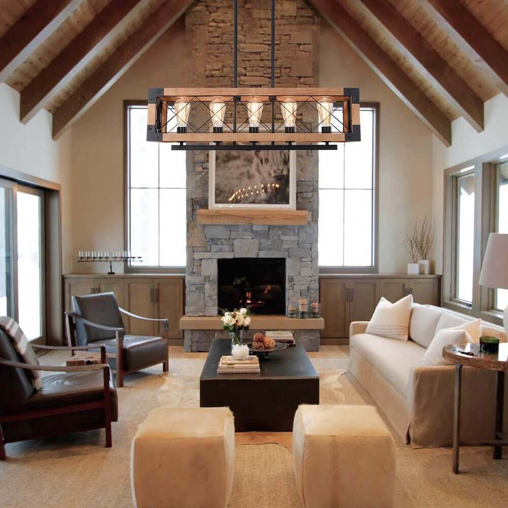 5-Light Wood Box Rectangle Chandelier Modern Farmhouse - Image 3