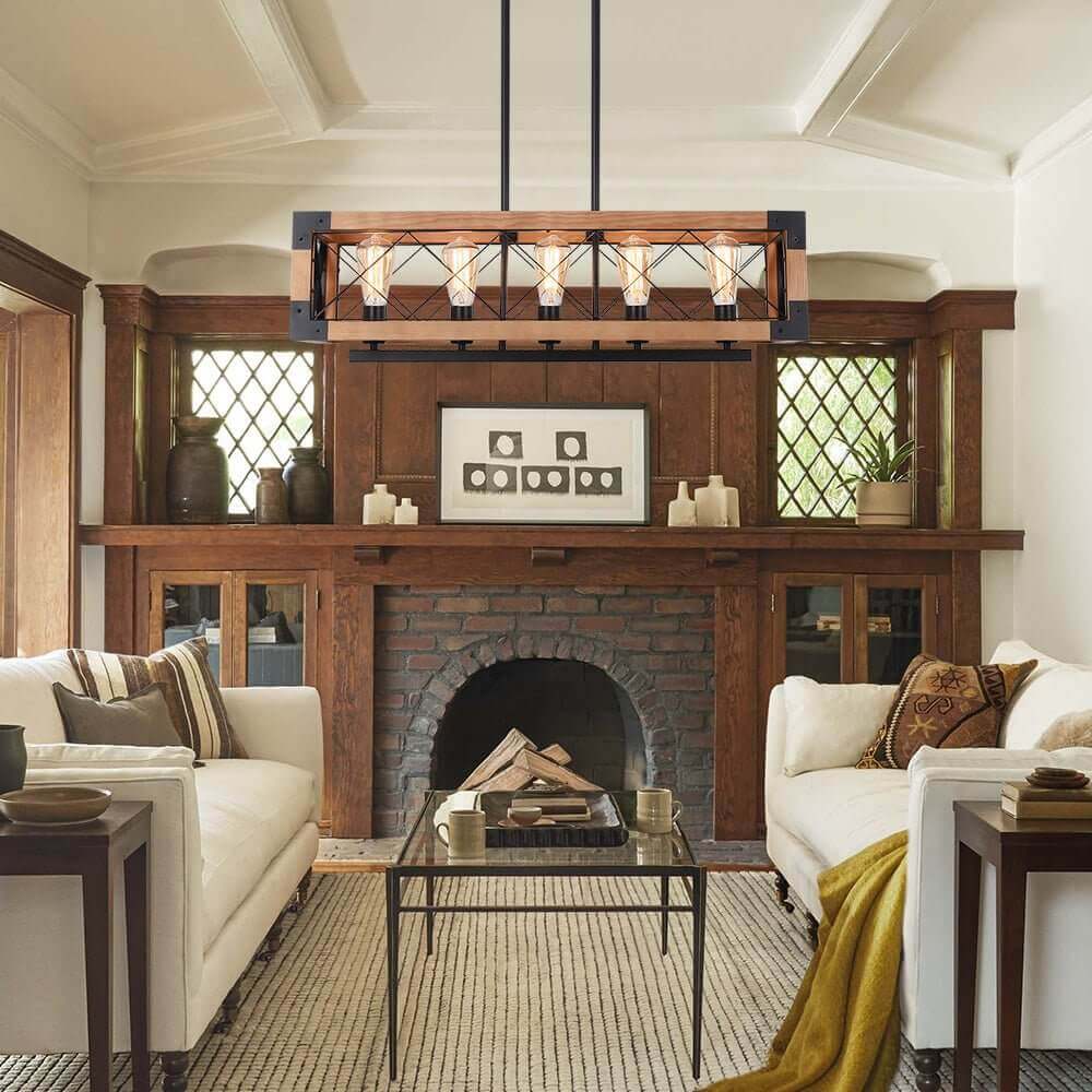 5-Light Wood Box Rectangle Chandelier Modern Farmhouse - Image 4