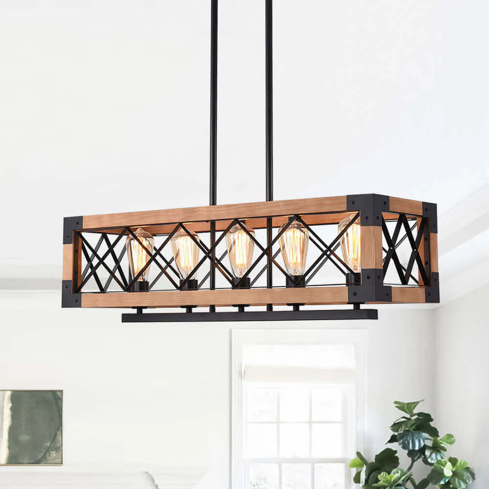5-Light Wood Box Rectangle Chandelier Modern Farmhouse - Image 5