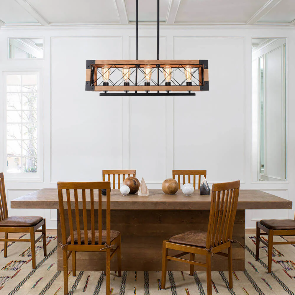 5-Light Wood Box Rectangle Chandelier Modern Farmhouse - Image 6