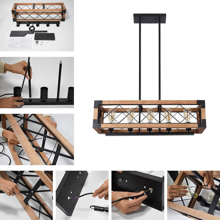 5-Light Wood Box Rectangle Chandelier Modern Farmhouse - Image 7