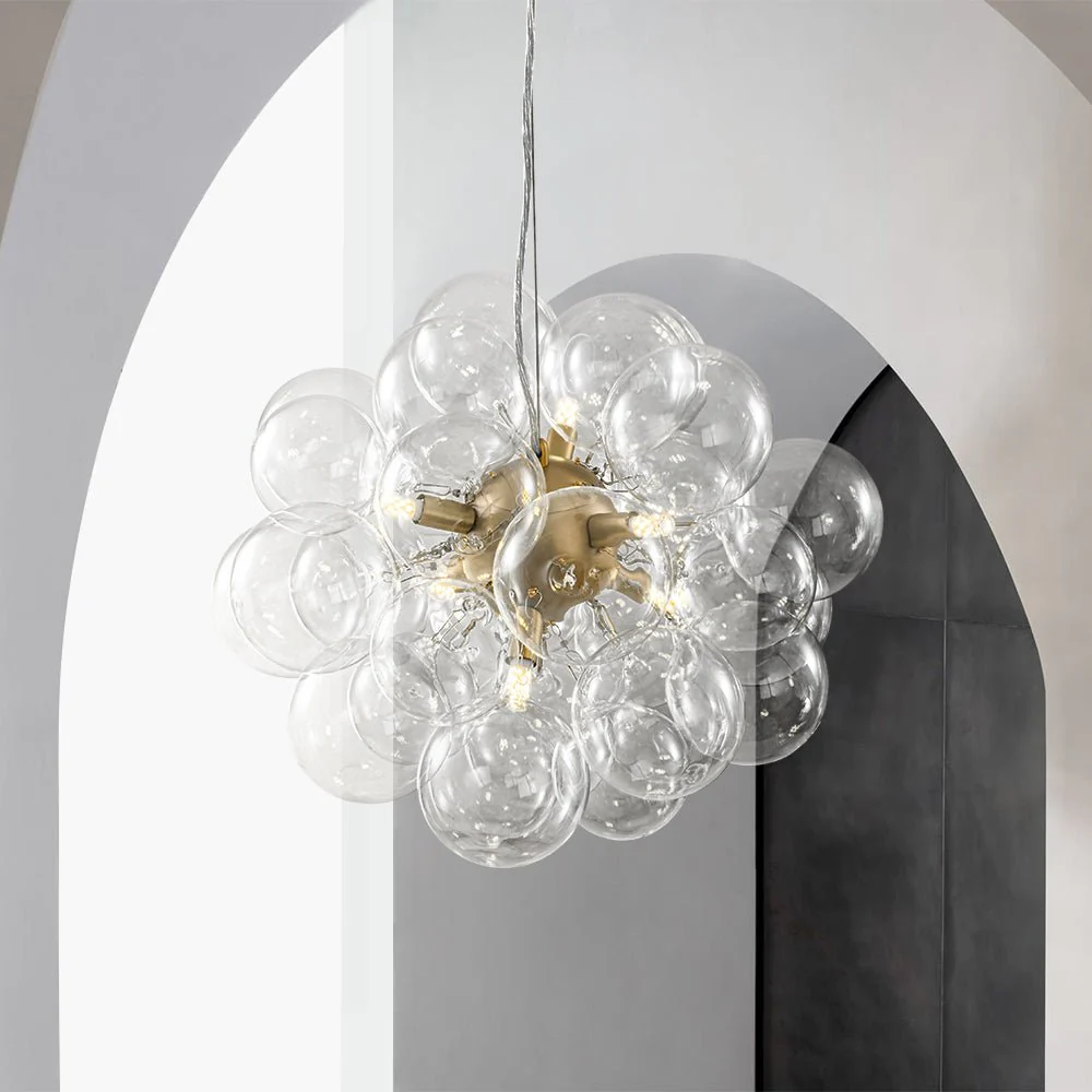 6-Light Dimmable Brass Cluster Clear Glass Bubble Sphere Chandelier - Image 10