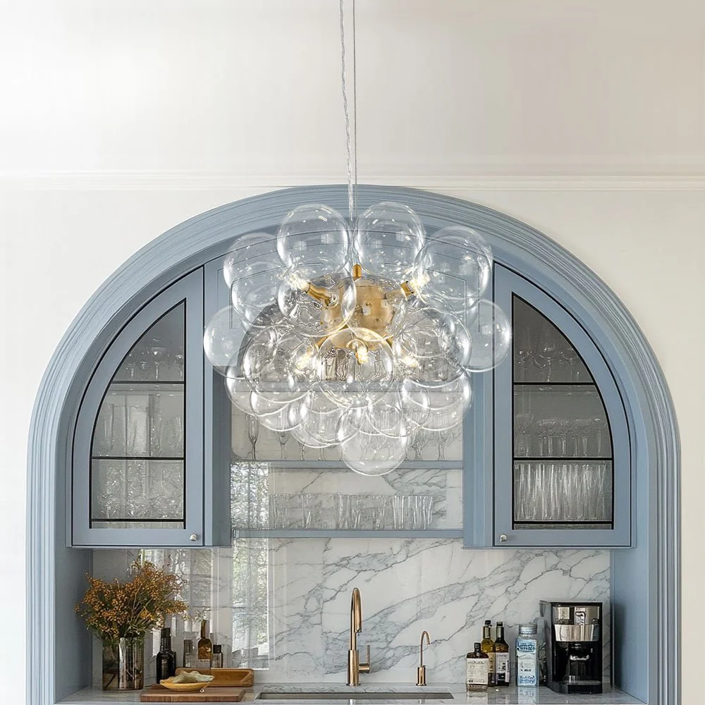 6-Light Dimmable Brass Cluster Clear Glass Bubble Sphere Chandelier - Image 2
