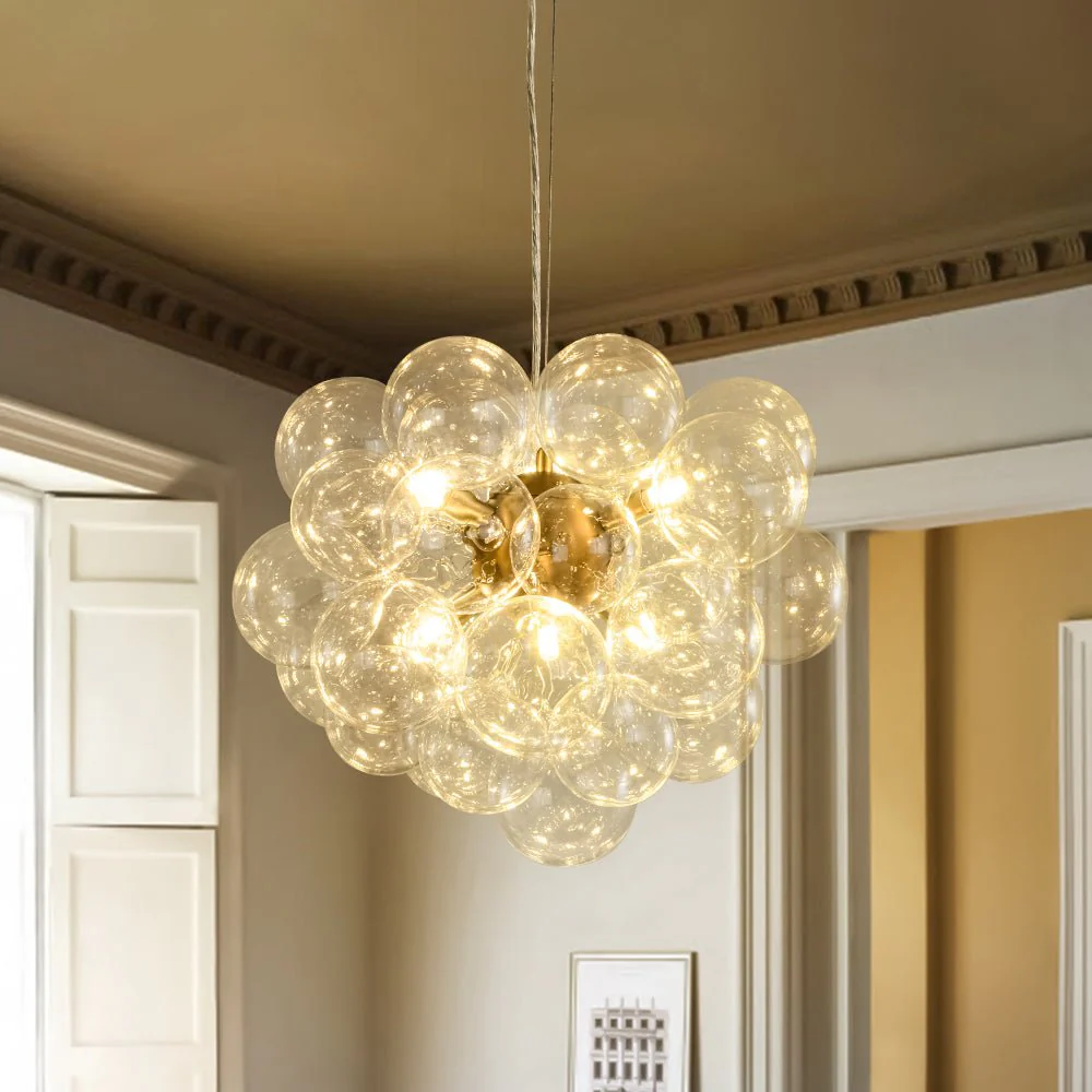 6-Light Dimmable Brass Cluster Clear Glass Bubble Sphere Chandelier - Image 4