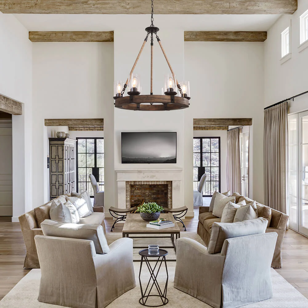6-Light Wood Wagon Wheel Chandelier Modern Farmhouse - Image 2